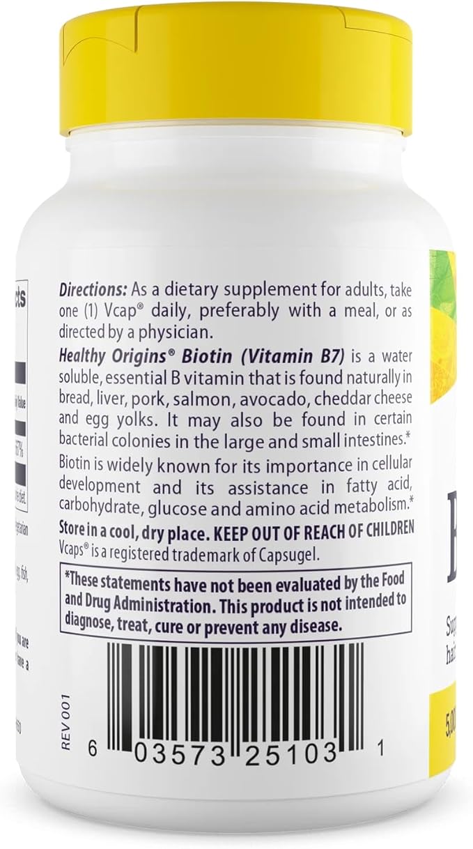 Healthy Origins Biotin 5,000 mcg (USP Grade, Non-GMO, Gluten Free, Hair Support, Nail Support), 360 Veggie Caps
