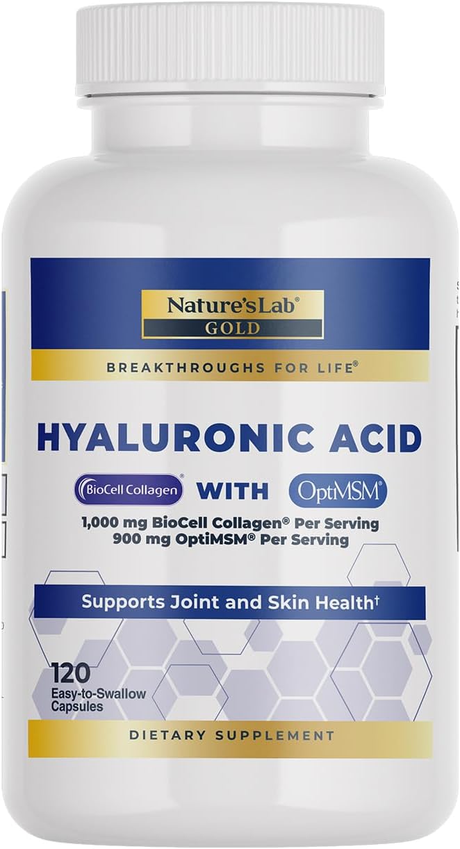 Nature's Lab Hyaluronic Acid with Biocell Collagen and MSM - Skin Hydration, Joint Health - 120 Capsules (40 Day Supply)