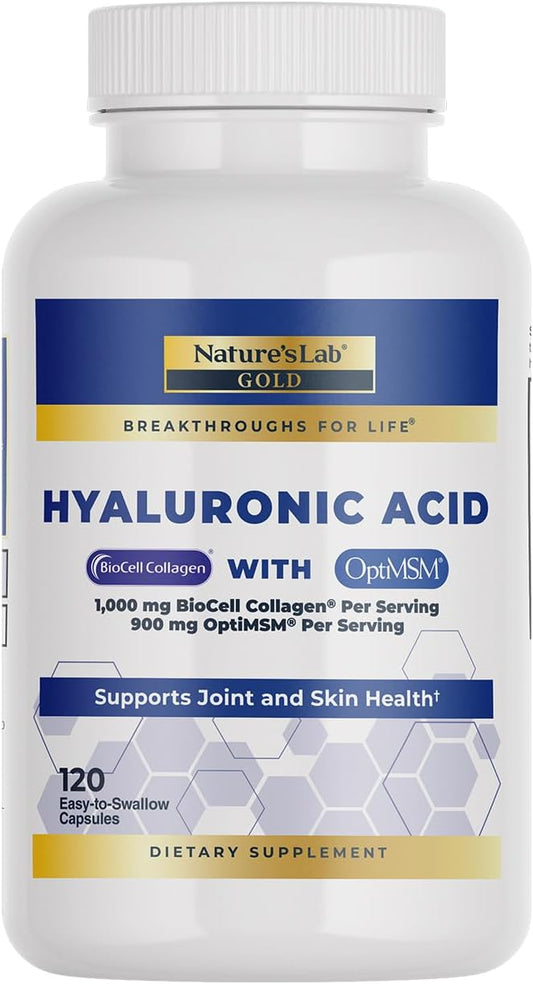 Nature's Lab Hyaluronic Acid with Biocell Collagen and MSM - Skin Hydration, Joint Health - 120 Capsules (40 Day Supply)