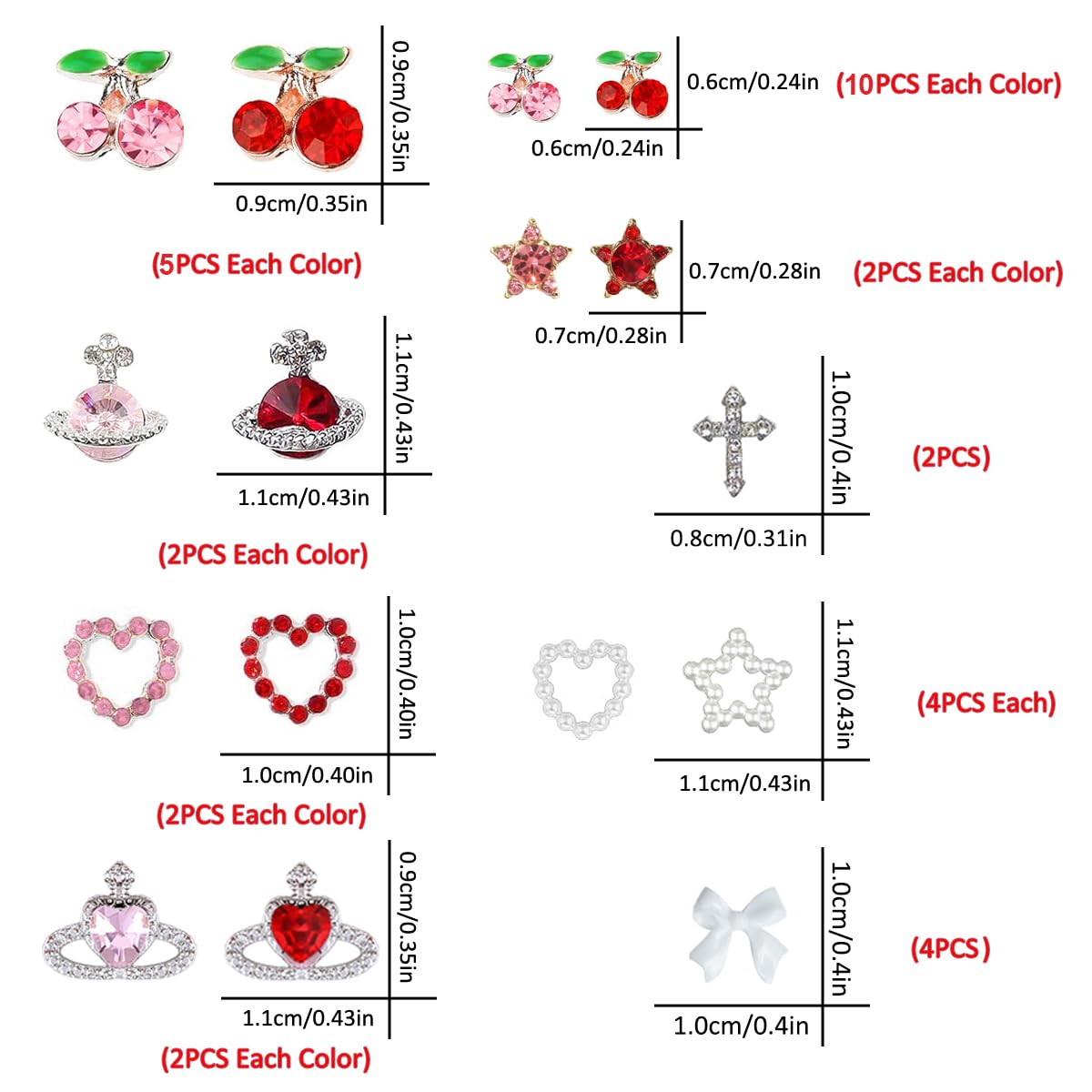 60Pcs Nail Charms Rhinestone Red Pink Cherry Nail Art Gems Star Heart Planet Nail Jewelry Decorations Saturn Shape Acrylic Nail Accessories for Women Girl DIY Crafts Supplies