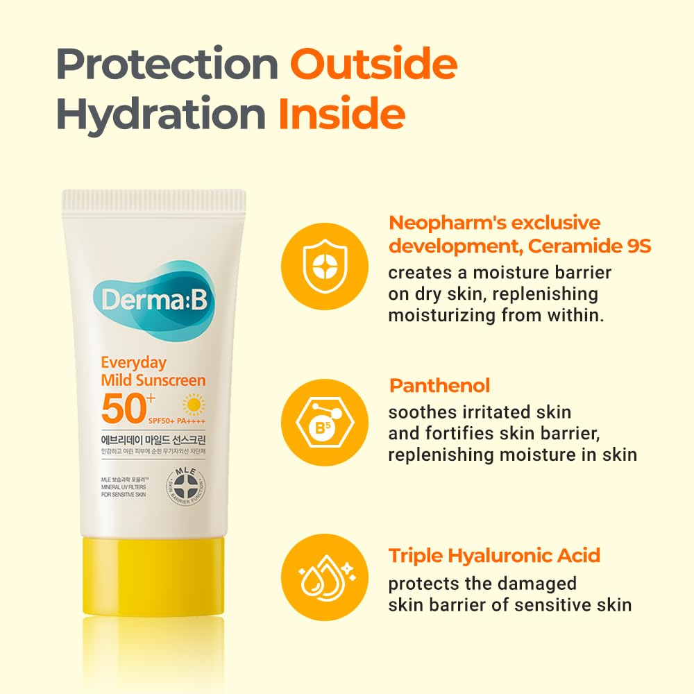 Derma B Everyday Mild Sunscreen SPF50+ PA++++ 1.69 Fl Oz, 50ml Fast-Absorbing Lightweight SPF Sunblock Moisturizer, Facial Body Non-Sticky for Dewy Skin, Korean Sunscreen Lotion for Sensitive Skin