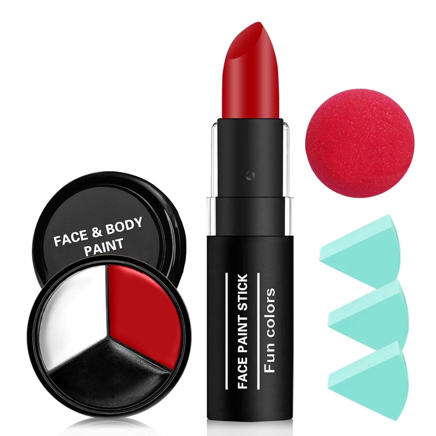 CAHIUYOA Halloween Joker Clown Makeup Kit,Black White Red Face body Paint with Red Clown Nose,Lipstick,3PCS Green Powder Puff,Professional Halloween Stage Cosplay joker Sfx Makeup