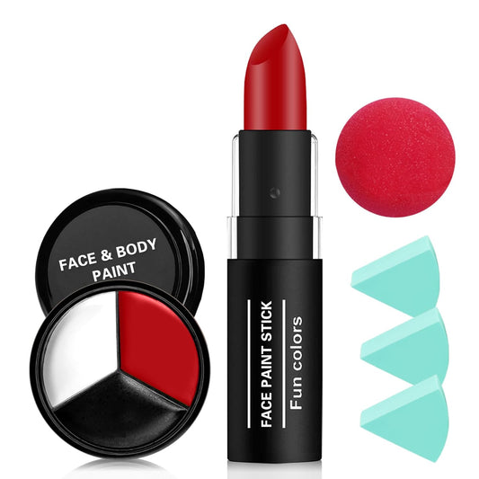CAHIUYOA Halloween Joker Clown Makeup Kit,Black White Red Face body Paint with Red Clown Nose,Lipstick,3PCS Green Powder Puff,Professional Halloween Stage Cosplay joker Sfx Makeup
