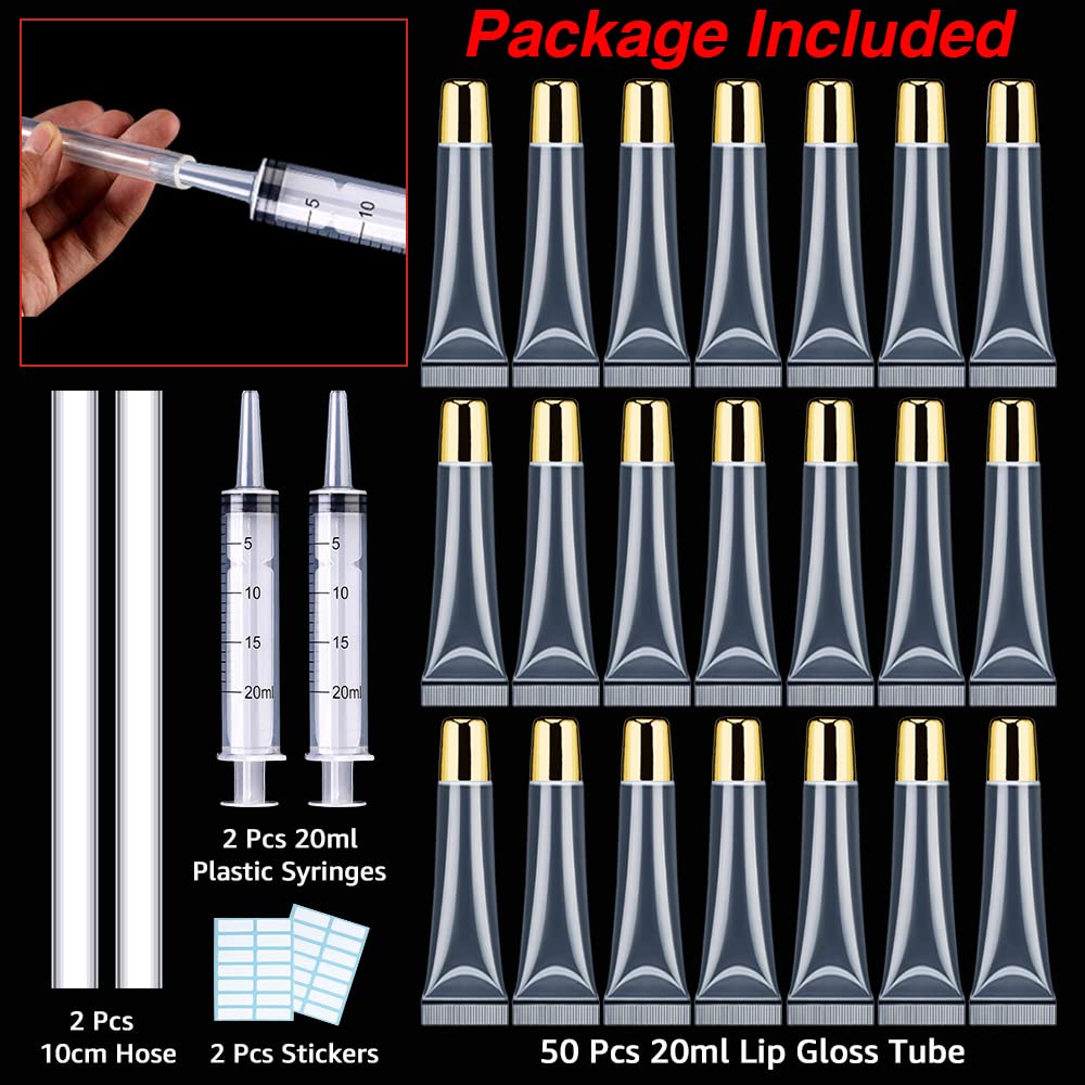 AMORIX 50PCS Lip Gloss Tubes 20ml Gold Cap Lip Gloss Containers Empty Lip Balm Tubes Refillable Cosmetic Squeeze Lipgloss Tubes + 2 x 20ml Syringes Tag Labels for DIY Lip Gloss Glitter