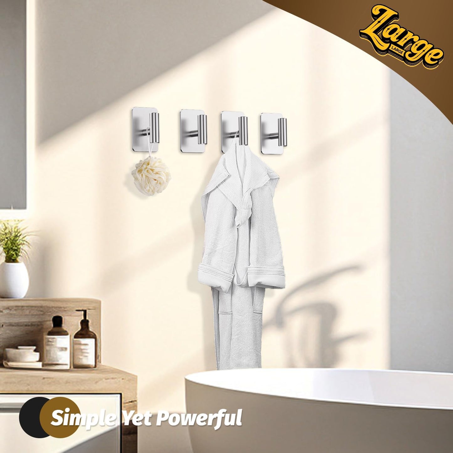 Heavy Duty Adhesive Hooks - 26lb Max, Sticky Wall Hooks Waterproof Stainless Steel for Hanging Towel, Coat, Robe, Towel Hooks Stick on Bathroom, Kitchen, Shower, Door (Silver, 4 Pack)