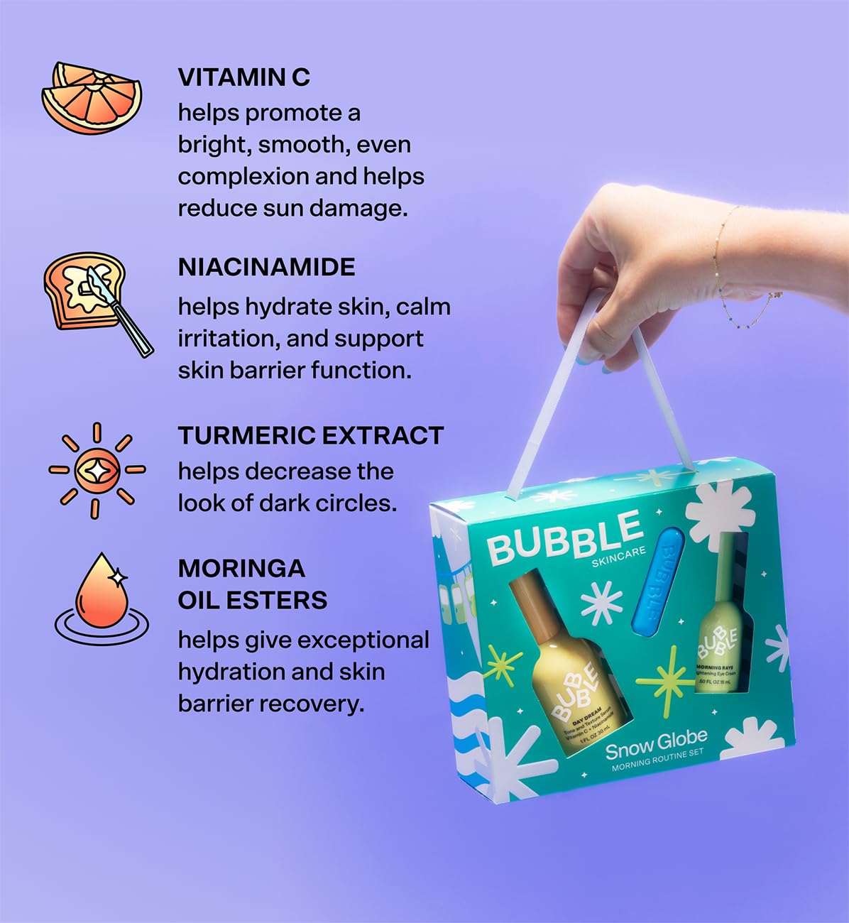 Bubble Skincare Snow Globe Morning Routine Travel Skincare Set - Gift Set Includes Day Dream Vitamin C Serum, Morning Rays Under Eye Serum & Tell All Minty Lip Balm (3 Count)