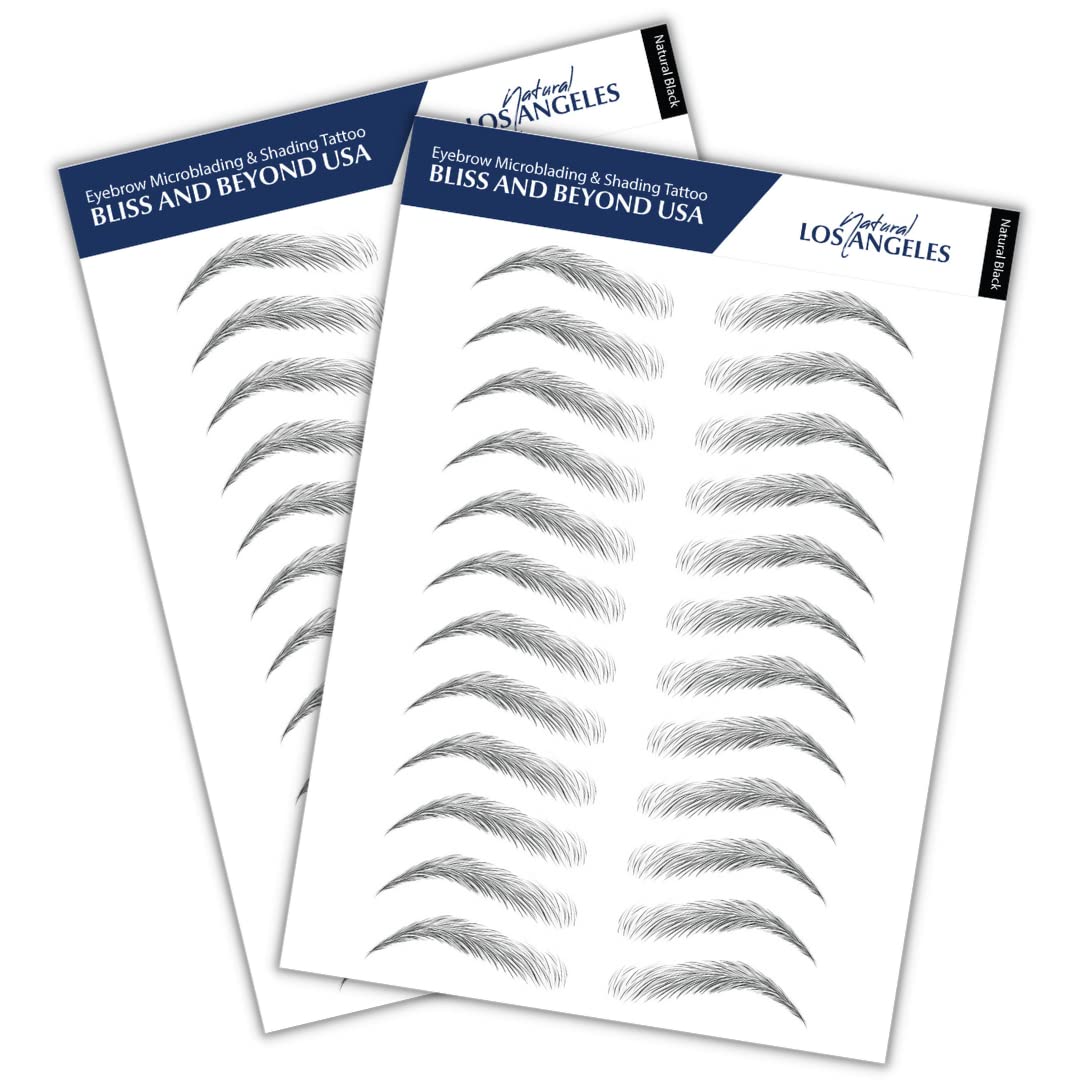 Bliss and Beyond USA, 2 sheets eyebrow tattoo waterproof sticker, Long Lasting, Natural Looking Fake Eyebrow for Alopecia, Chemo, Cancer gift. Same Size eyebrow tattoos (Natural Los Angeles, Black)