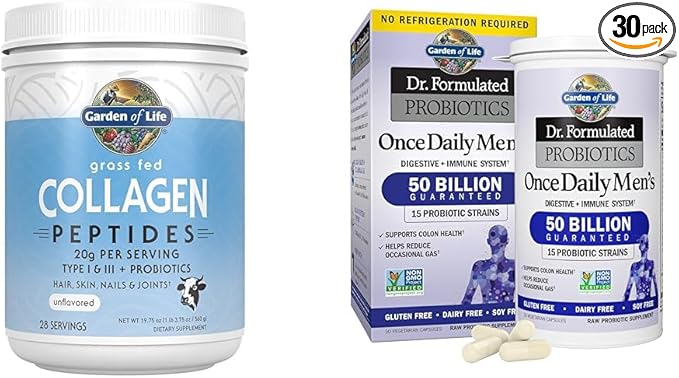 Garden of Life Grass Fed Collagen Peptides 28 Servings + Probiotics for Men 50 Billion CFU 30 Capsules Bundle