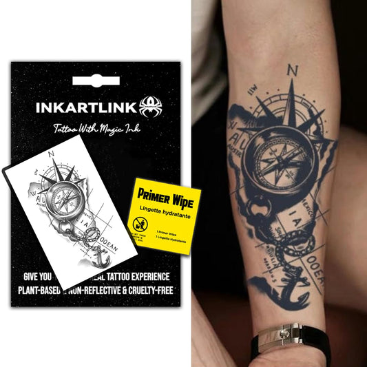 INKARTLINK Semi Permanent Tattoos, Temporary Tattoos, Adult Art Designs, Party Favors, Waterproof, Realistic, No Adhesive, No Reflective, Lasts 1-2 Weeks, Extra Large (Compass)