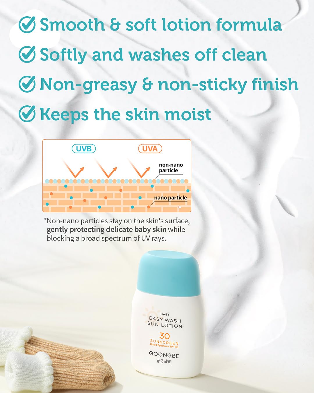 GOONGBE Baby Easy Wash Sun Lotion SPF 30 - Korean Moisturizing Zinc Oxide Mineral Sunscreen for Babies and Kids - Washes Off Easily - Vegan, Reef-Safe, Allergen-Free, 2.11 fl.oz.