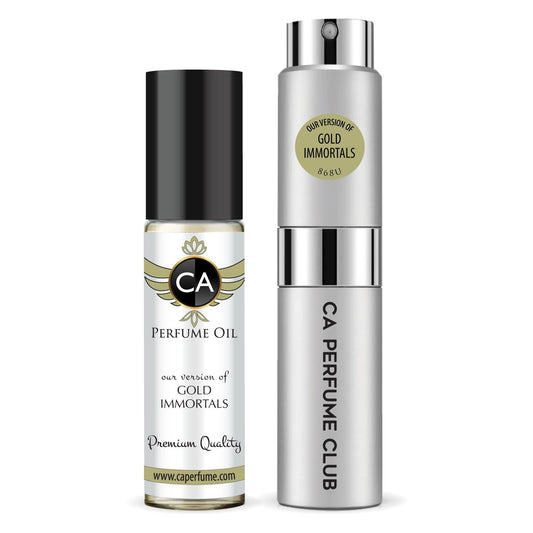 CA Perfume Duo Impression of Gold Immortals For Women And Men Perfume Layering Set Long Lasting Travel Size EDP + Body Oil Roll-On Bottle 0.27 Fl Oz+0.33 Fl Oz