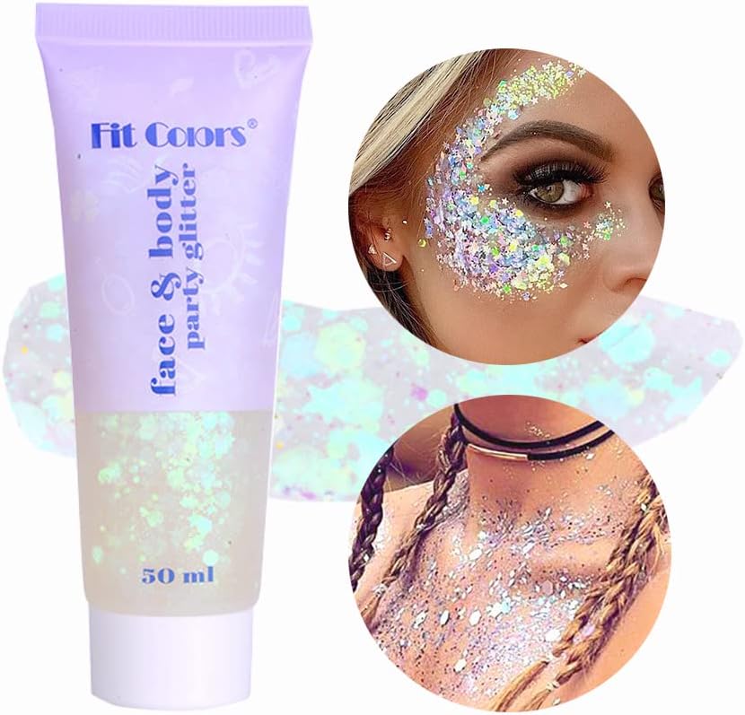 White Face Body Glitter, Singer Concerts Music Festival Rave Accessories, Mermaid Face Glitter Gel, Sparkling Holographic Chunky Glitter for Lip Eye Hair Body Glitter Makeup, 50ML(06 White)