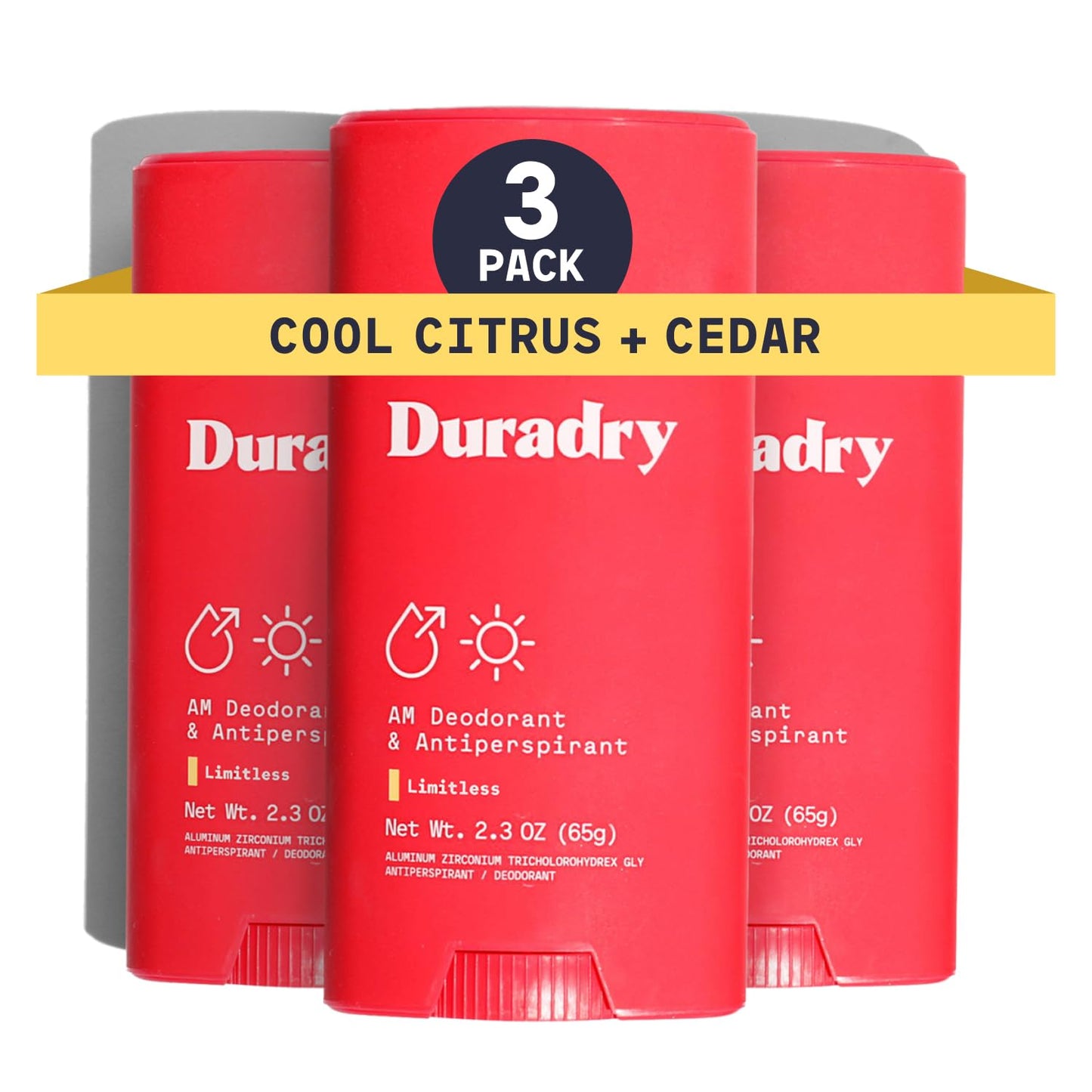 Duradry Clinical-Strength Antiperspirant Deodorant for Women and Men – Clean Formula with Natural Ingredients – Odor and Excessive Sweat Protection for Armpits–Limitless (Cool Citrus + Cedar),3 Pack