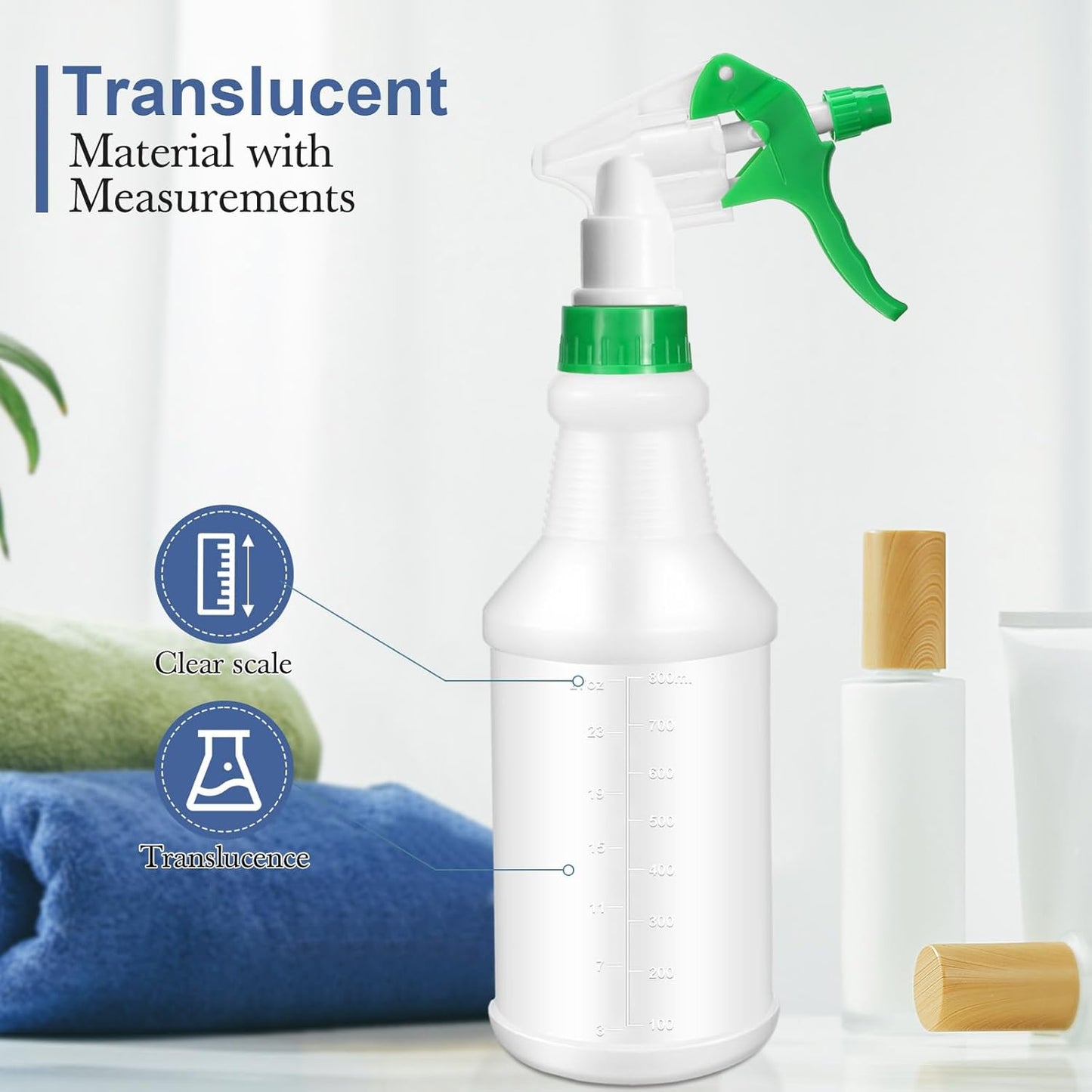 Zubebe 24 Pack 32 oz Plastic Spray Bottle Bulk Empty Leakproof Heavy Duty Spray Bottles for Cleaning Supplies Mist Bottles with Label and Adjustable Nozzle for Plant(Green,Clear Scale)