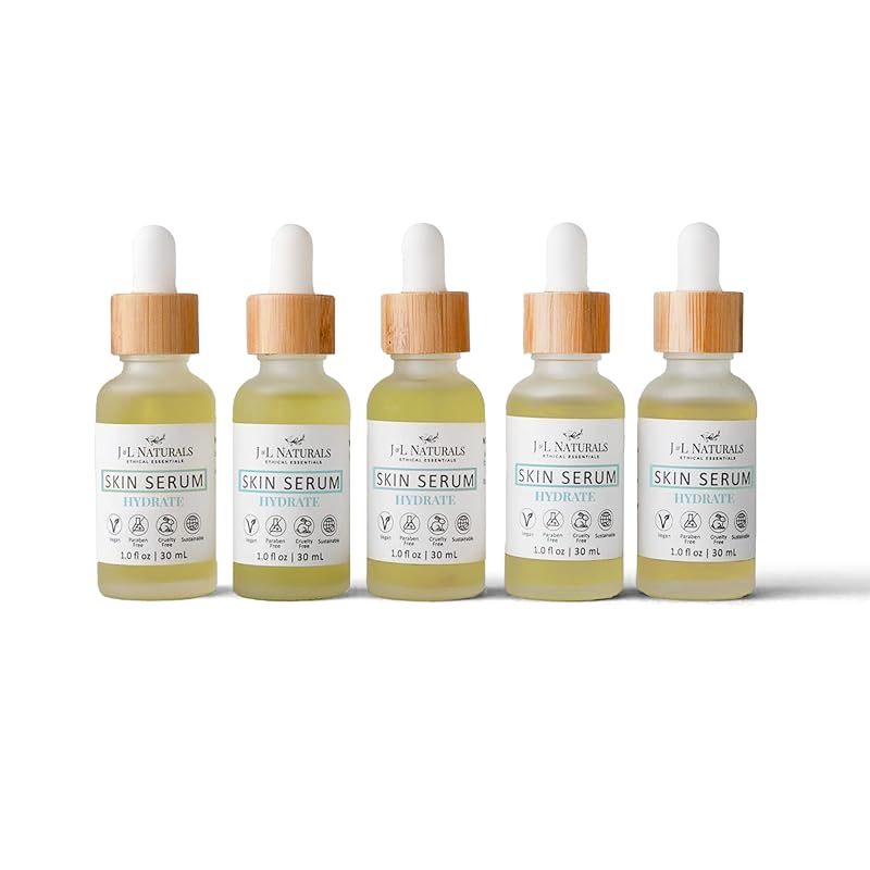 J&L Naturals | Face & Body Oil for Oily, Sensitive, Dry, Combination, Mature, & Dull Skin Types | With Jojoba Oil, Grapeseed Oil, Sunflower Oil, & More (1 Fl Oz (Pack of 5), Hydrate (dry))
