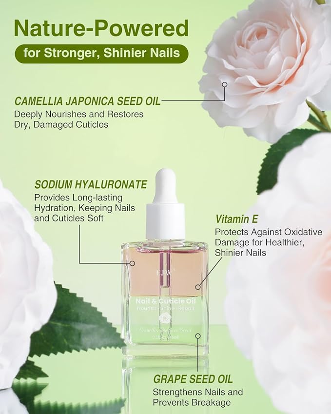 EJW Luxurious Camellia Nail & Cuticle Oil – Infused with Real Flower Extracts, Deeply Hydrating & Strengthening, Nourishing Elegance, Vegan & Paraben-Free – 0.5 fl. oz