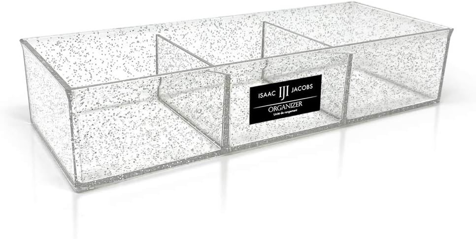 Isaac Jacobs Large 3-Compartment Acrylic Stackable Organizer (12.9" L x 5" W x 2.7" H), Multi-Sectional Tray & Storage Solution for Makeup, Craft Supplies, Bathroom, Kitchen, Office (Silver Glitter)