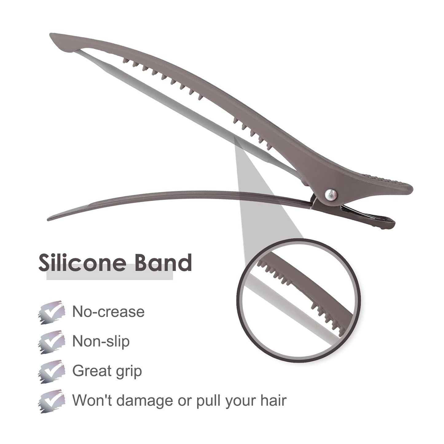 AIMIKE Hair Sectioning Clips with Silicone Band - No Crease Duck Billed Styling Clips for Salon, Cutting, and Rollers (6pcs)