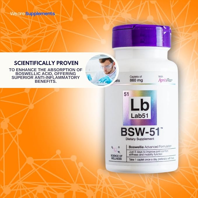 BSW-51 Hyaluronic Acid Supplement – Boswellia Serrata AprèsFlex®, Hyaluronic Acid & Piperine – 30 Caplets, 860mg – Joint Comfort, Mobility & Stronger Cartilage Support