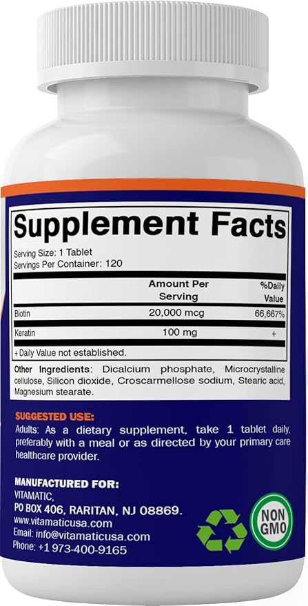 Vitamatic High Potency Biotin 20000 mcg (20mg) with Keratin 100mg - 120 Vegetarian Tablets - Biotin Supplements for Healthy Hair Skin & Nails for Adults (120 Count (Pack of 2))
