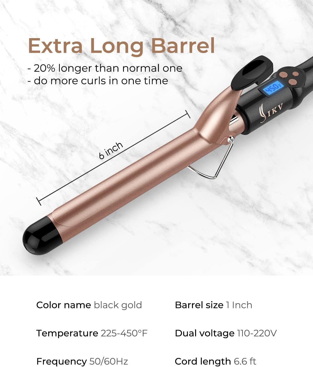 1 Inch Extra Long Barrel Curling Iron, Ceramic Tourmaline Curling Wand Professional Dual Voltage