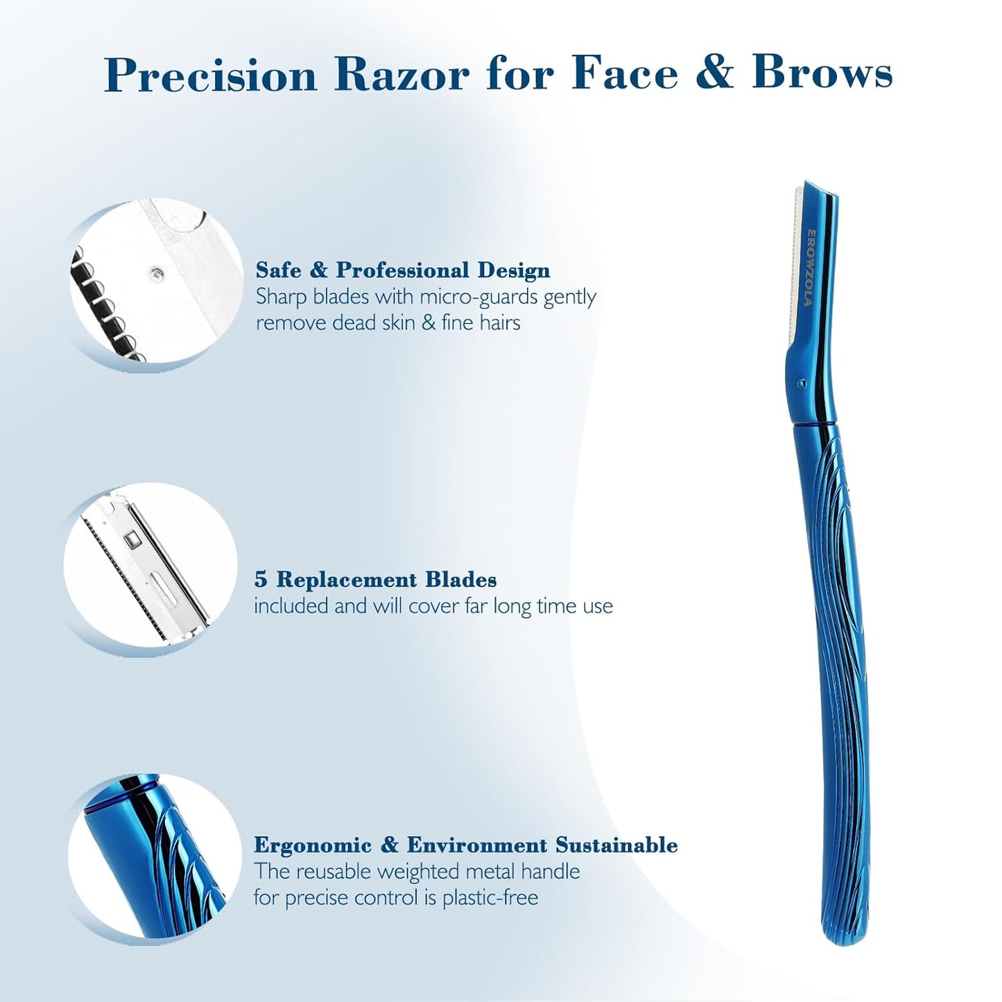 Eyebrow Razor, Face Razors for Women and Men, Reusable Metal Handle with 6 Refill Blades, Eyebrow Trimmer with Precision Cover, Dermaplane Razor, Skin Care Tool - Blue