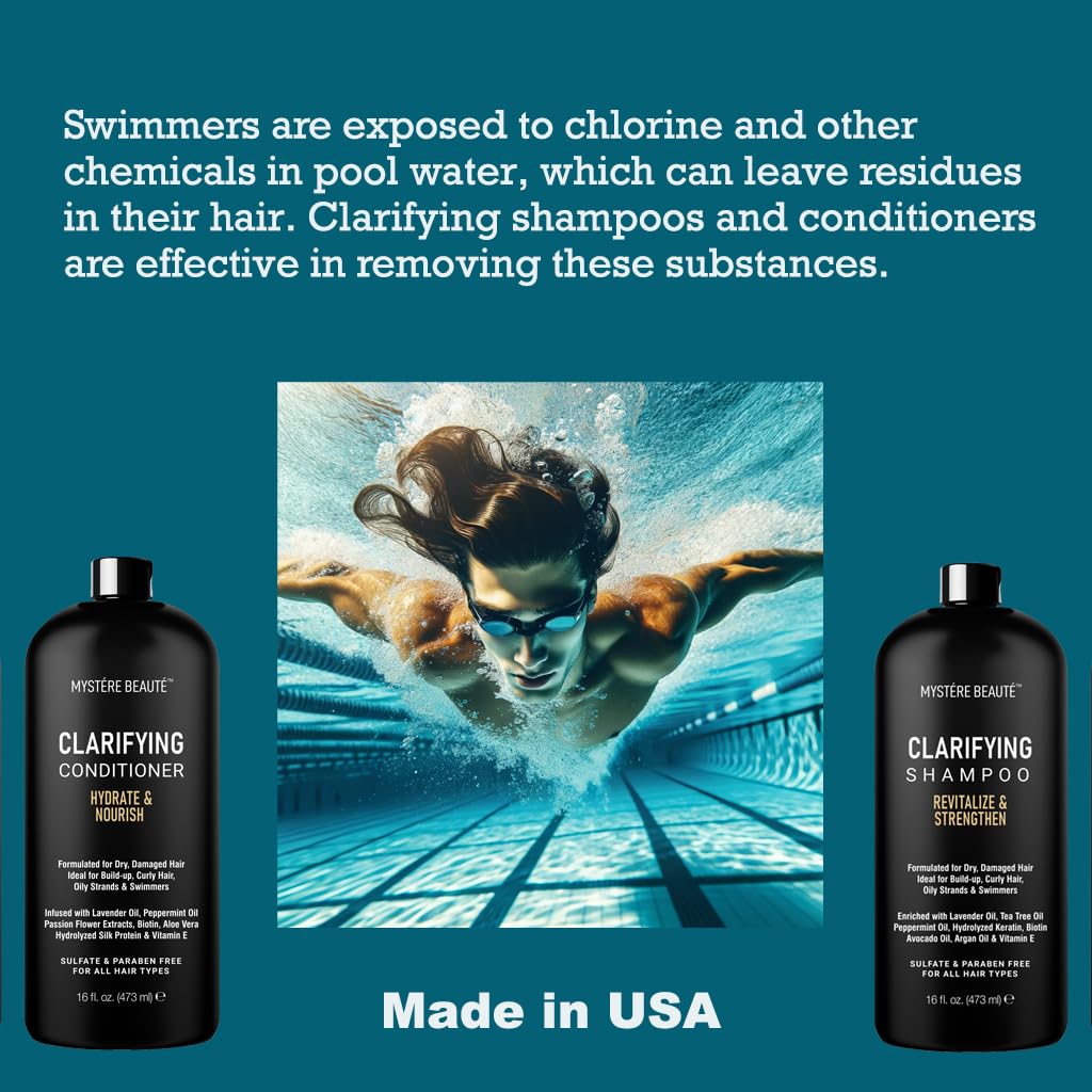 Clarifying Shampoo and Conditioner Set- Hydrating, Calming & Removes Buildup, For All Hair Types, Clarifying Cleanse for Dirt, Oil & Hard Water Buildup, for Men Women MYSTÉRE BEAUTÉ - 16 fl oz each