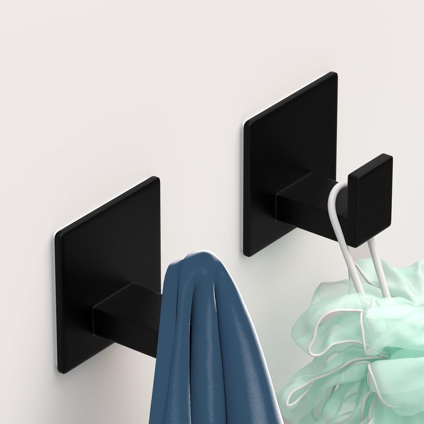 Adhesive Shower Hooks, Towel Hooks for Hanging Robe, Coat, Hat, Loofah, Heavy Duty Wall Hooks Stick on Bathroom, Kitchen and Office (2 Pack, Black)