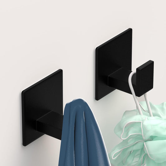 Adhesive Shower Hooks, Towel Hooks for Hanging Robe, Coat, Hat, Loofah, Heavy Duty Wall Hooks Stick on Bathroom, Kitchen and Office (2 Pack, Black)