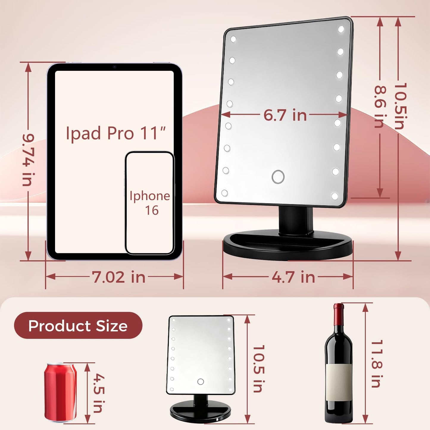 KOOKIN Lighted Vanity Makeup Mirror Led Lights 180 Degree Rotation Lighted Mirror Touch Screen Adjusted Brightness Desk Mirrors USB Dual Supply Bathroom Beauty Cosmetic Mirrors (Black)