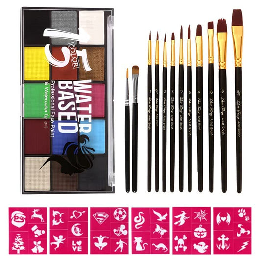 Face Paint Kit, Painting Palette with Brushes Body Paint Face Makeup Safe and Easy to Clean for Halloween Carnivals Cosplay Party Stage Performances (15 Colors+12 Brushes+6 Stickers)