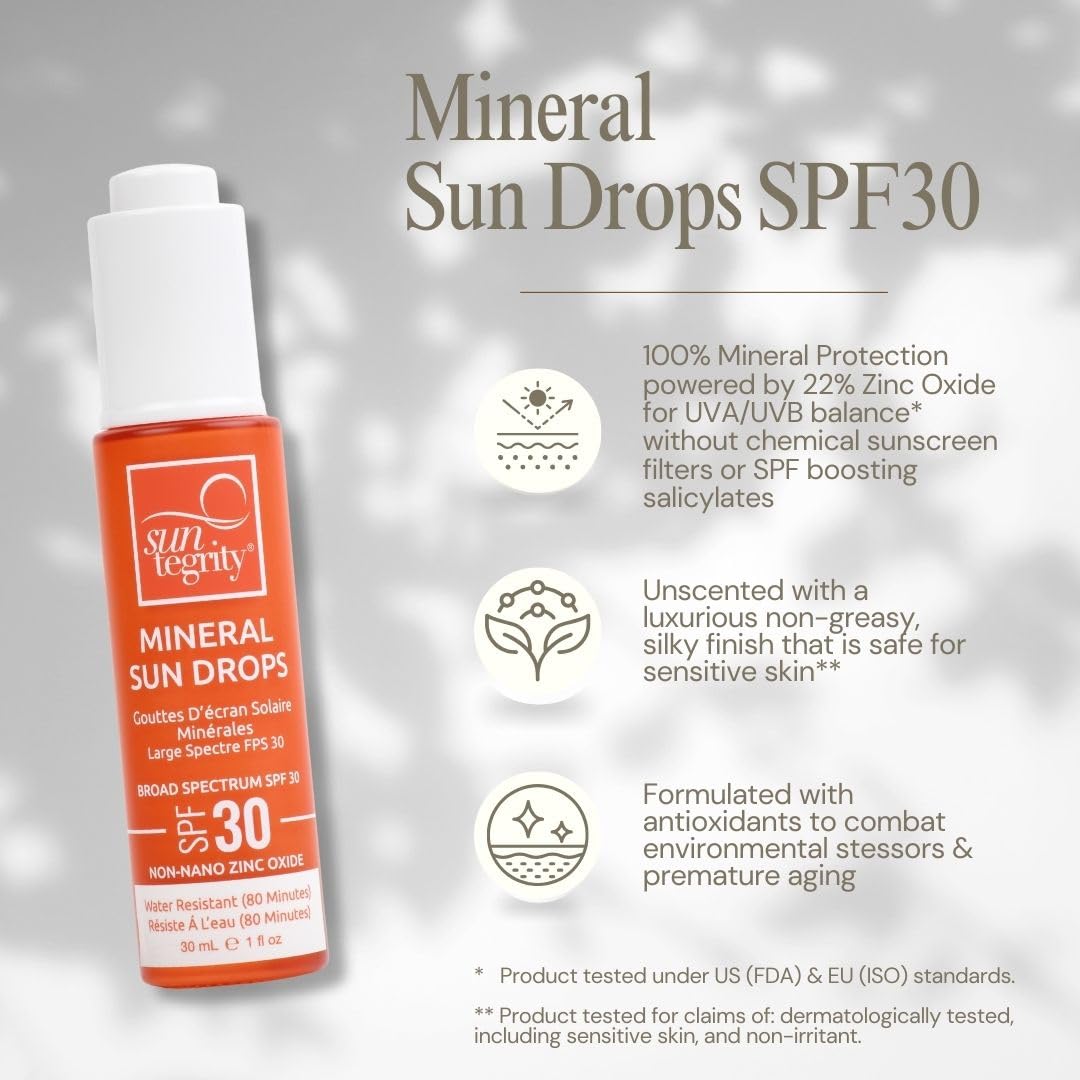 Suntegrity Mineral Sun Drops SPF 30 | Broad Spectrum Zinc Oxide Sunscreen for Face | Vegan, Reef-Safe, Non-Greasy Daily Sun Protection | Fragrance-Free, Lightweight Formula