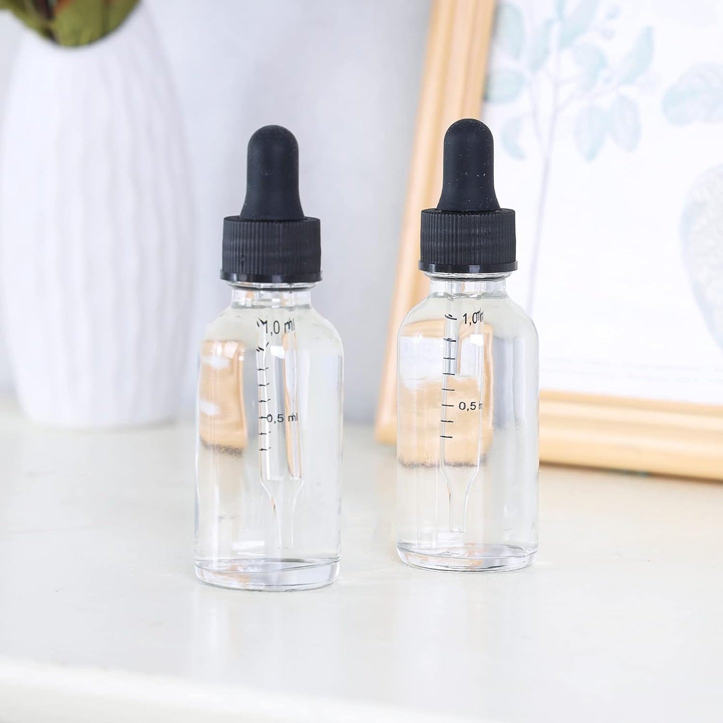 1 oz Dropper Bottle 24 Pack Clear Glass Boston Bottles 30ml with Eye Droppers Black Caps for Essential Oils, Perfume, Leak Proof Travel Bottles for Liquids