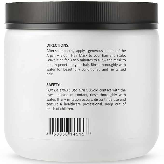 Argan Oil Hair Mask with Biotin - Intensive Hydrating Treatment & Deep Conditioning for Dry, Damaged Hair, Encourages Hair Growth - All Hair Types, Men & Women - 8.45 fl oz
