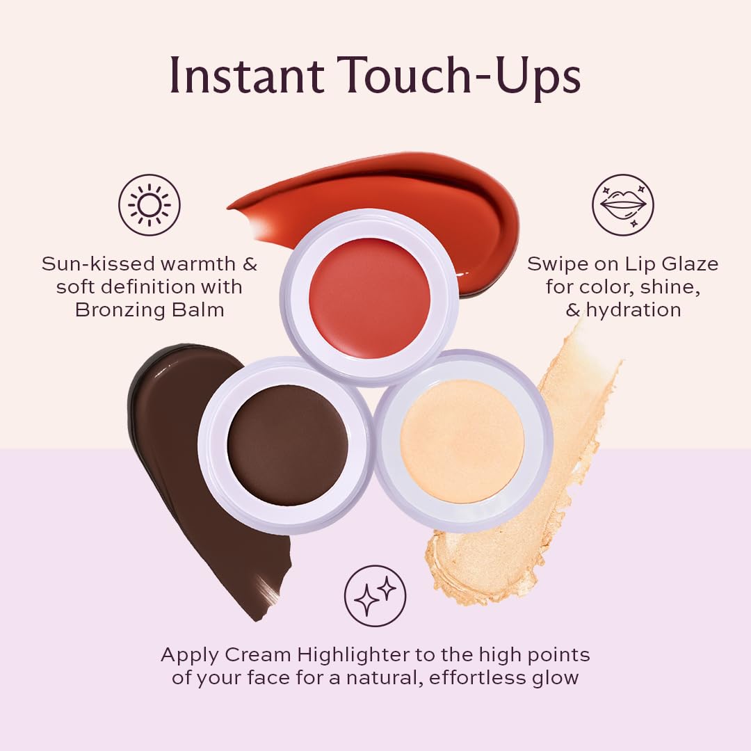 Subtl 3-in-1 Makeup Stack – Cream Bronzer, Powder Highlighter & Lip Glaze for On-the-Go Touch Ups – Lightweight, Travel-Friendly, Blendable Balm (Deep/Ganache)