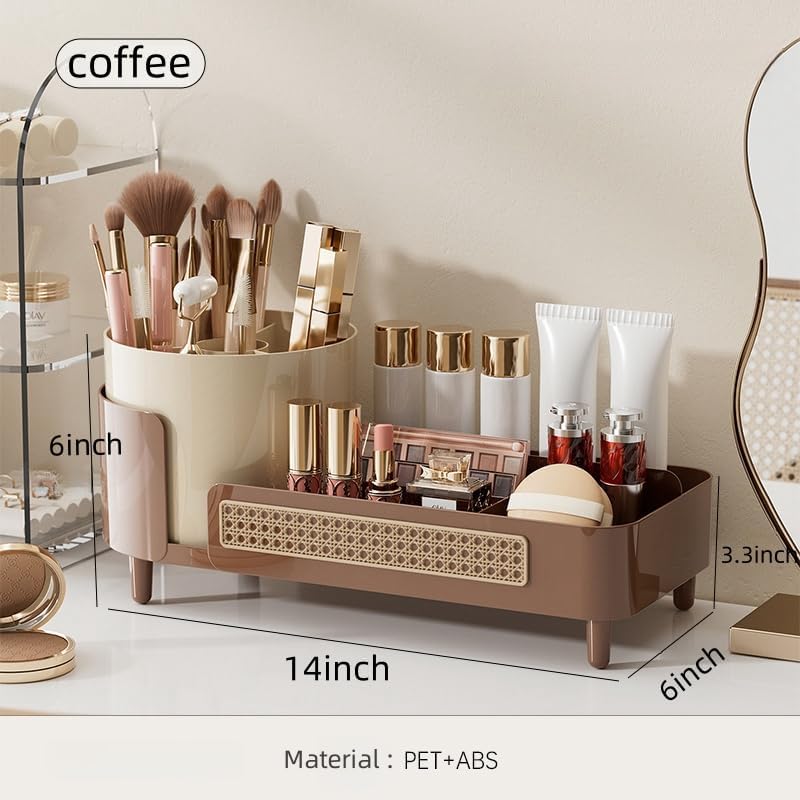 Rotating Makeup Organizer Countertop,Large Capacity Makeup Organizers for Vanity,2 in 1 makeup storage organizer for Bathrooms,Cosmetic Display Case (Coffee)