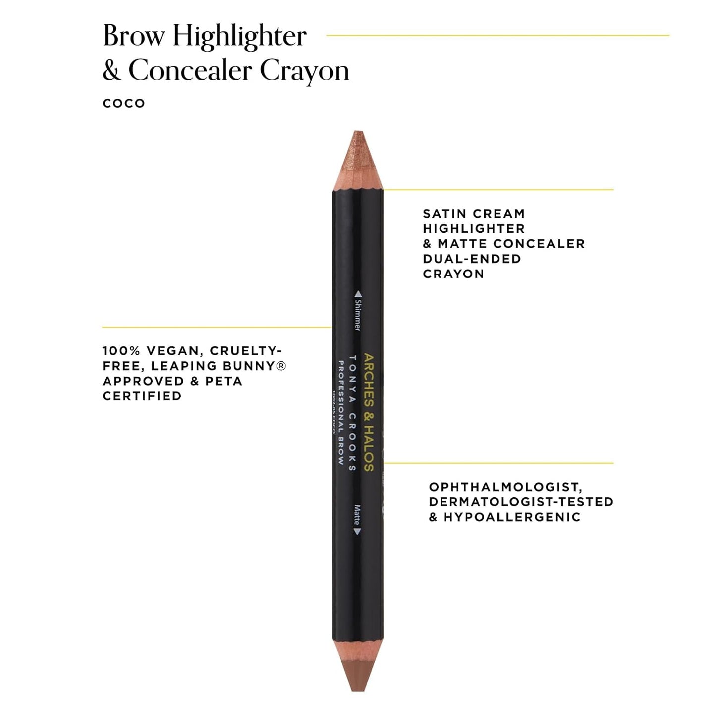 Arches & Halos Brow Highlighting and Concealer Crayon - Coco - Shaping and Shimmer Eyebrow Stick and Highlighter Duo - Soft, Ultra Creamy Formula - Define, and Sculpt for Sharp Brows - 0.176 oz