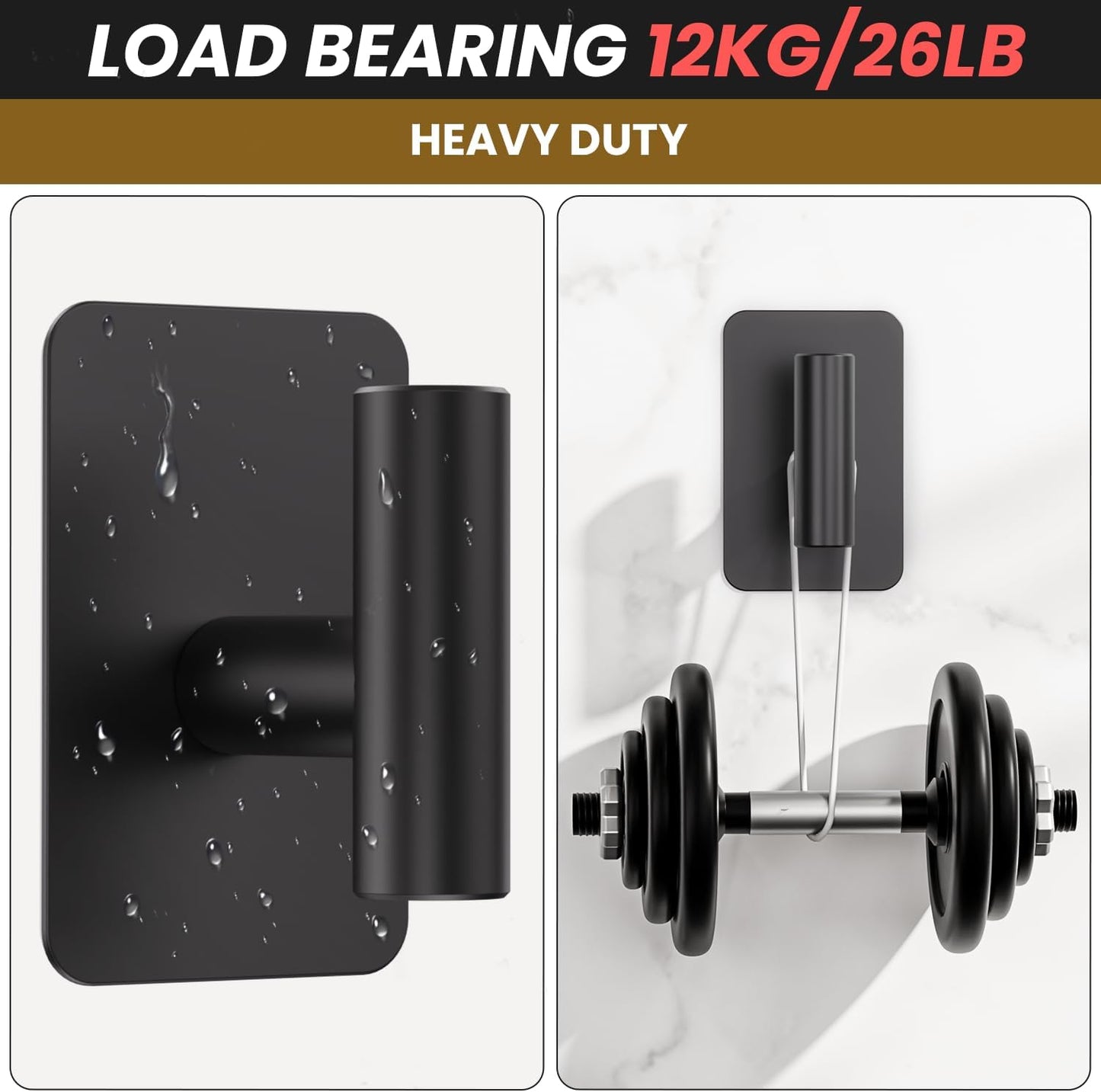 Heavy Duty Adhesive Hooks - 26lb Max, Sticky Wall Hooks Waterproof Stainless Steel for Hanging Towel, Coat, Robe, Towel Hooks Stick on Bathroom, Kitchen, Shower, Door (Black, 4 Pack)