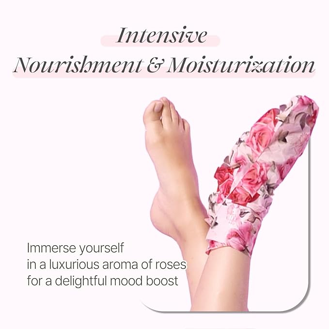 PETITFEE Rose Petal Satin Foot Mask (5pairs) - Intensive Nourishing Socks, Rose Scented Foot Repair Masks with Peptide, Collagen, Shea Butter, Urea for Silky Smooth Feet, Foot Treatment, Body Mask