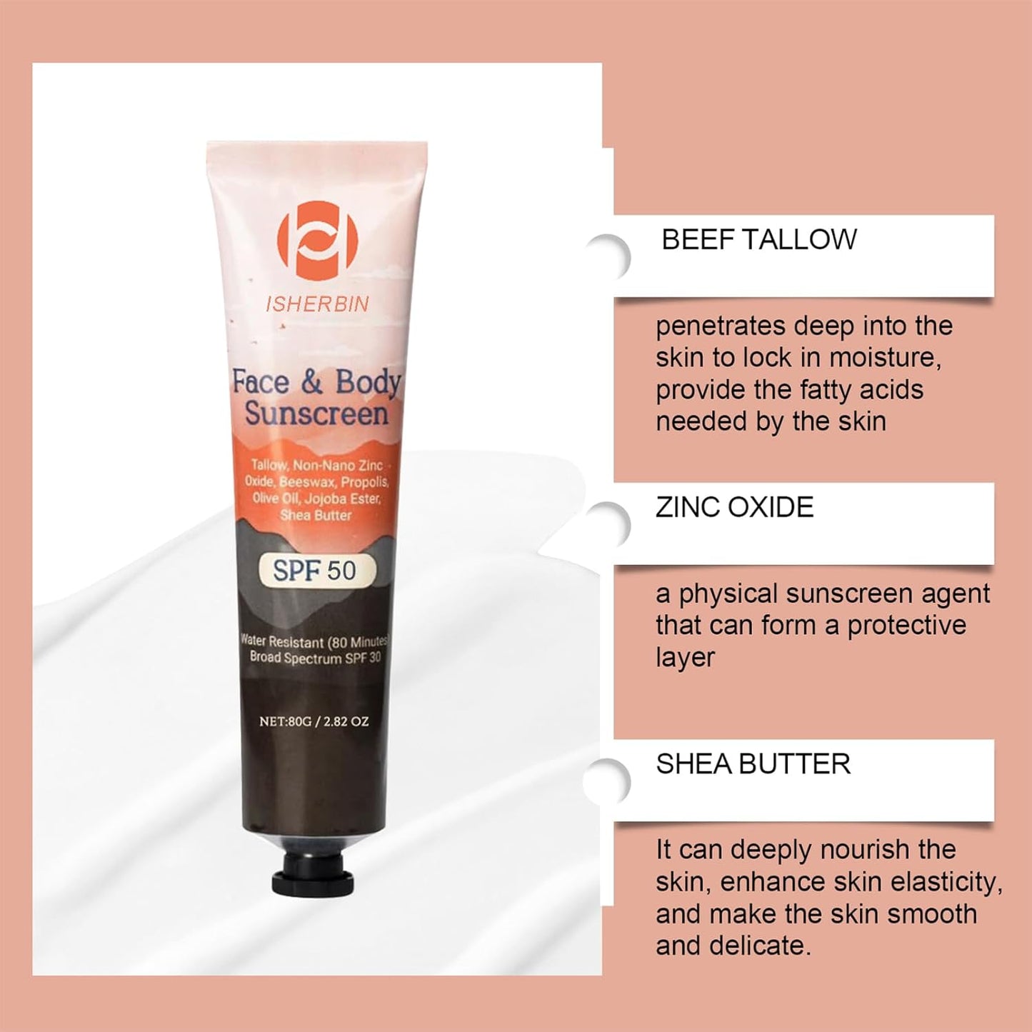 Natural Mineral Sunscreen SPF 50 - Natural Tallow & Zinc Oxide, Beef Tallow Sunscreen for Face & Body SPF 50, Lightweight under Makeup, No Sticky Travel Essentials, Summer Essentials