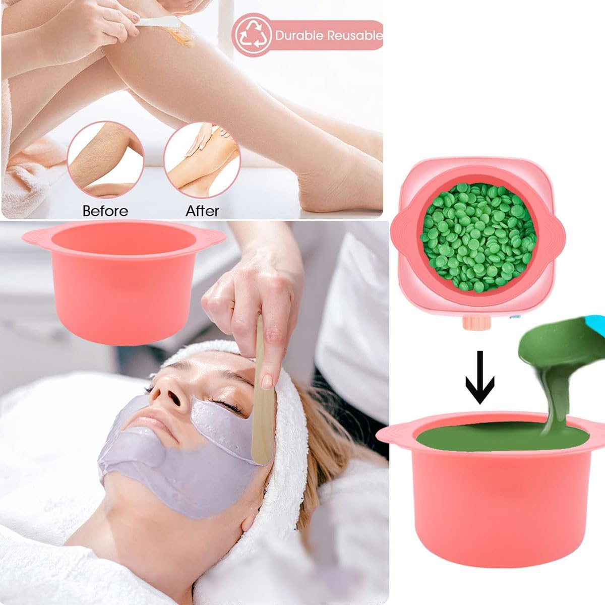 Silicone Wax pot Liner, Silicone Wax Bowl Warmer liner, Non-Stick Melt Pot Replacement, Reusable Melt Liner with 50 Pcs Waxing Sticks Body Hair Removal 14 oz Pink