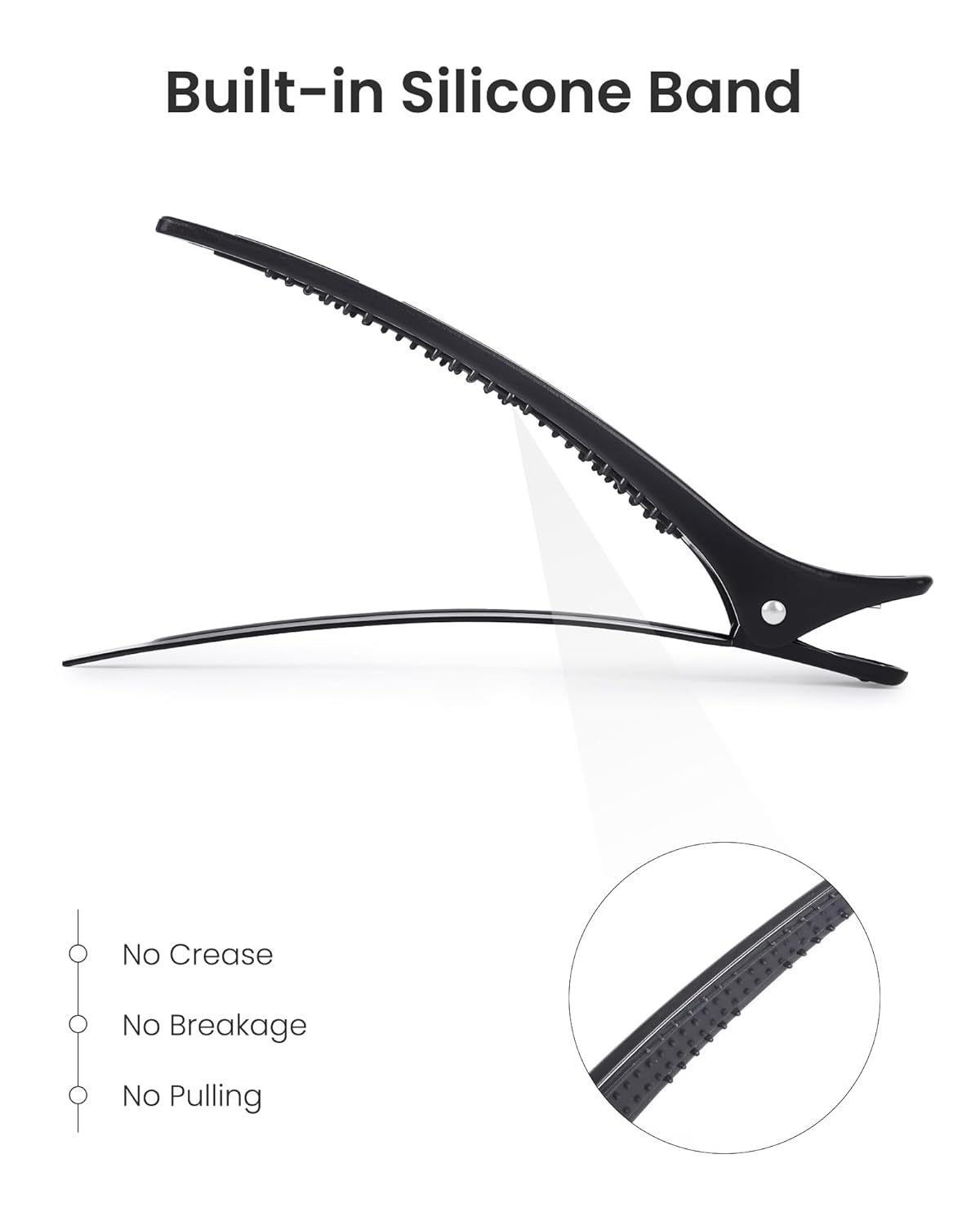 AIMIKE Extended Sectioning Hair Clips w/Built-in Silicone Band, 4.8" No-Crease Non-Slip Hair Styling Clips for Thick, Long Hair – Blow Drying,Hair Rollers, Rust-Free –6 Pack, Black Duckbill Clips
