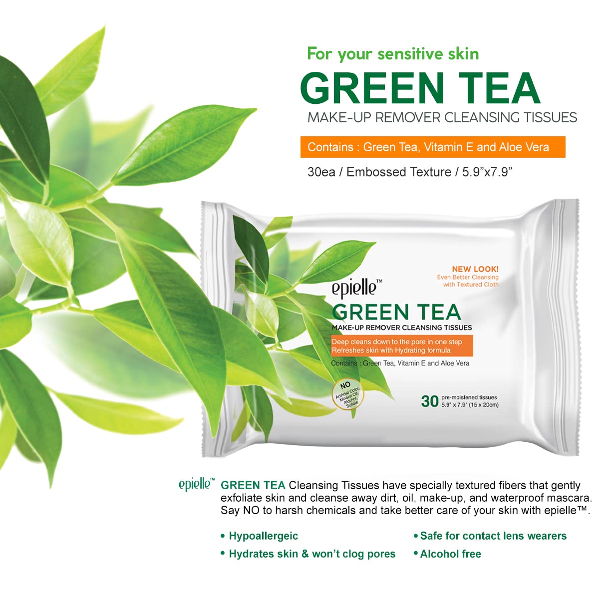 Epielle New Makeup Remover Cleansing Wipes Tissue - Cucumber 30 Count 6 Pack | Gentle for all Skin Types | Daily Facial Cleansing Towelettes | Removes Dirt, Oil, Makeup (Green Tea)