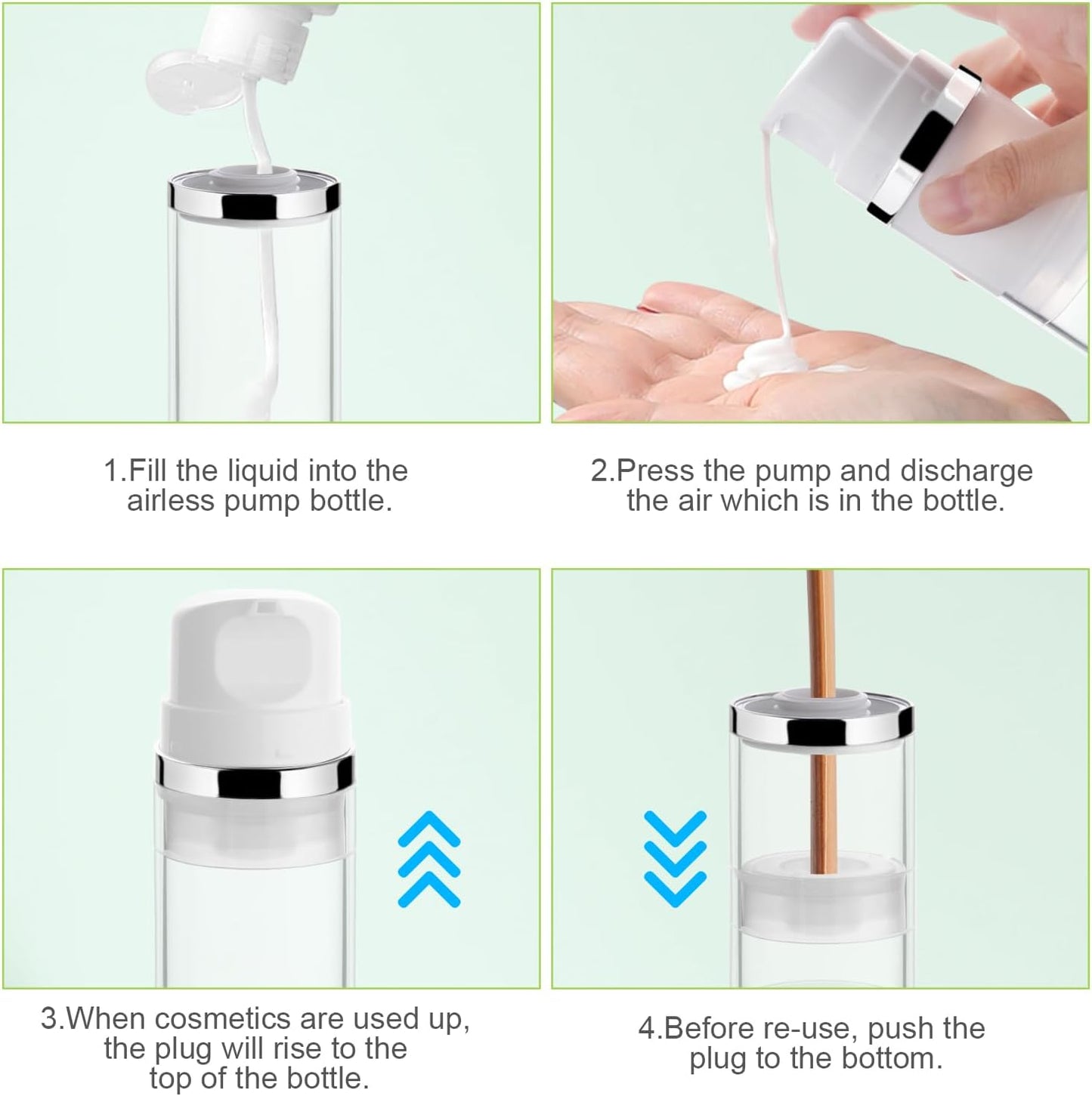 4 Pcs 50ml/1.7oz Airless Pump Jar Refillable Vacuum Pump Dispenser Bottles Travel Cosmetic Containers for Lotion Essence Shampoo Toiletries