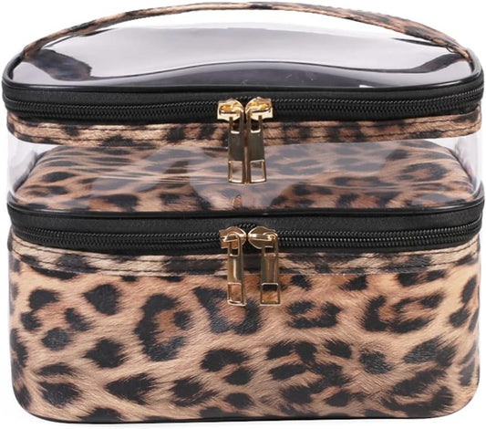 FITINI Makeup Bags Leopard Double Layer Travel Storage Cosmetic Cases Make up Organizer Toiletry Bags Water-resistant for Women Makeup Brush Bag
