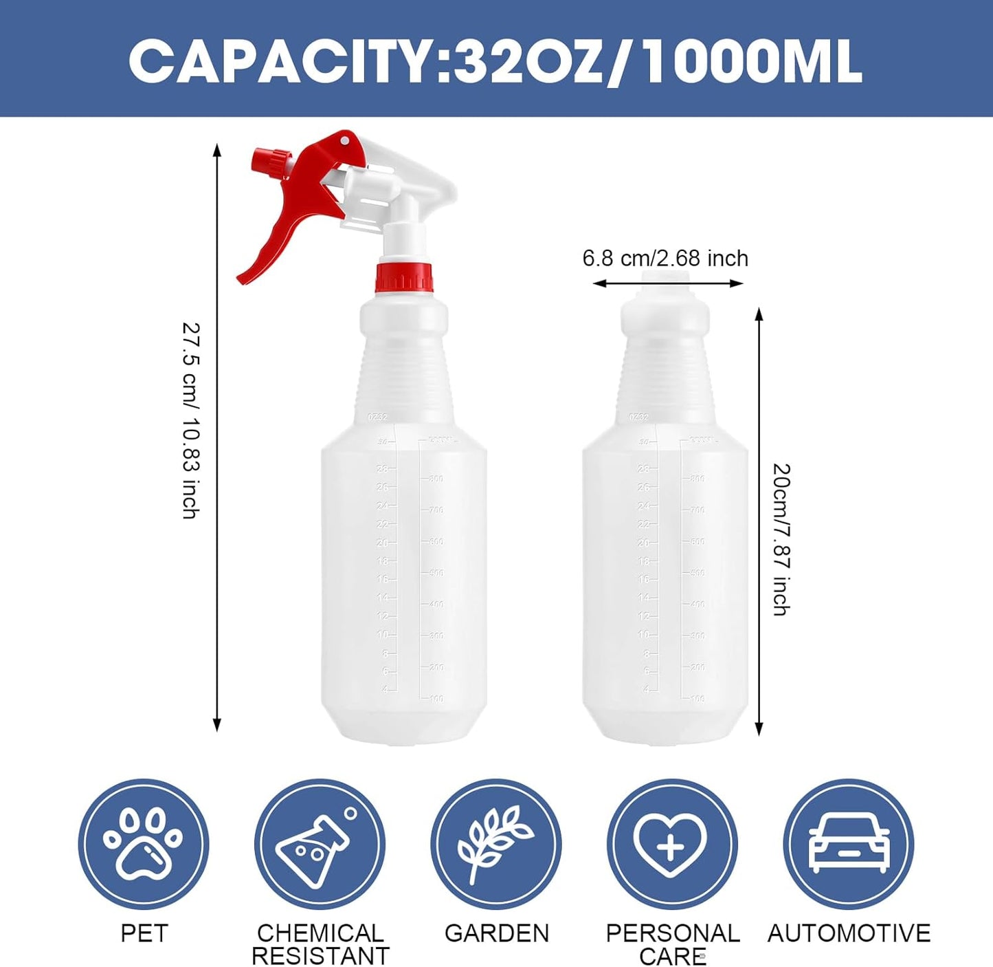 Zubebe 24 Pack 32 oz Plastic Spray Bottle Bulk Empty Leakproof Heavy Duty Spray Bottles for Cleaning Supplies Mist Bottles with Label and Adjustable Nozzle for Plant(Red, White,Clear Scale)