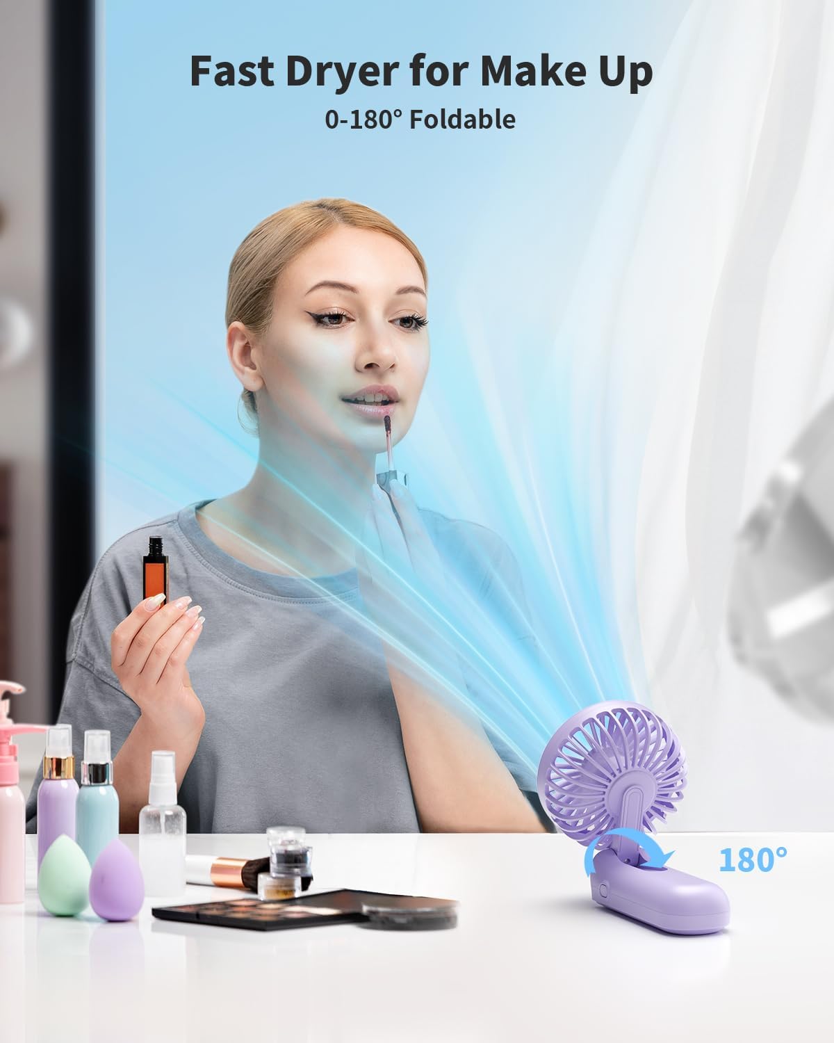 Purple Portable LED Fan, 3000mAh Battery Operated, 3 in 1 Handheld/Neck/Desk Mini Fan for Travel, Beach, Outdoor