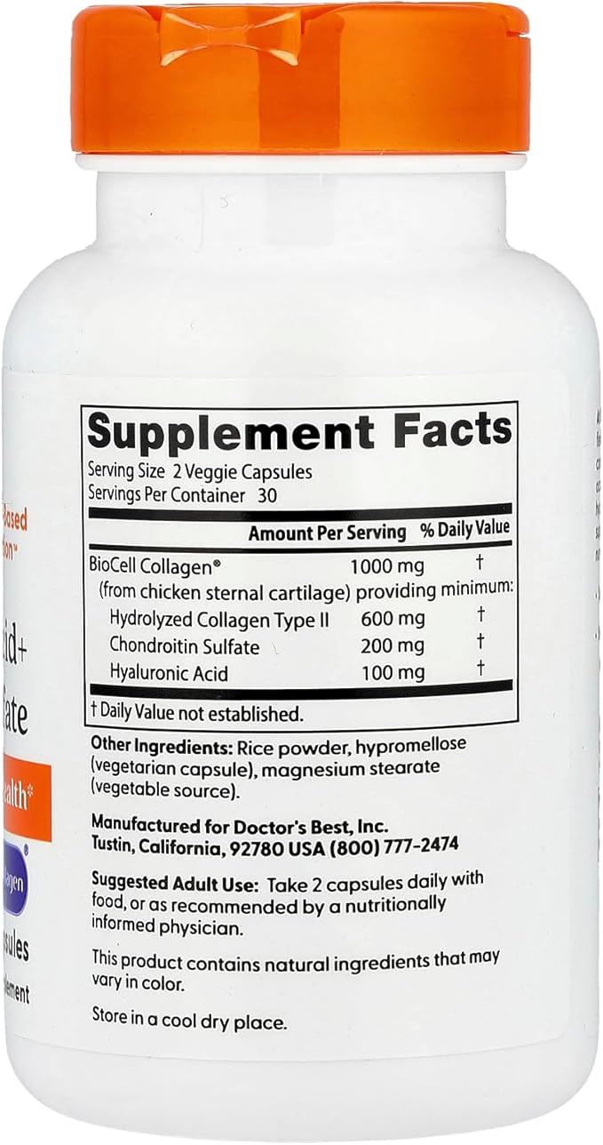 Doctors Best Hyaluronic Acid+ Chondroitin Sulfate, Supports Joint & Skin Health, Non-GMO, Gluten Free, Soy Free 60 Veggie Capsules