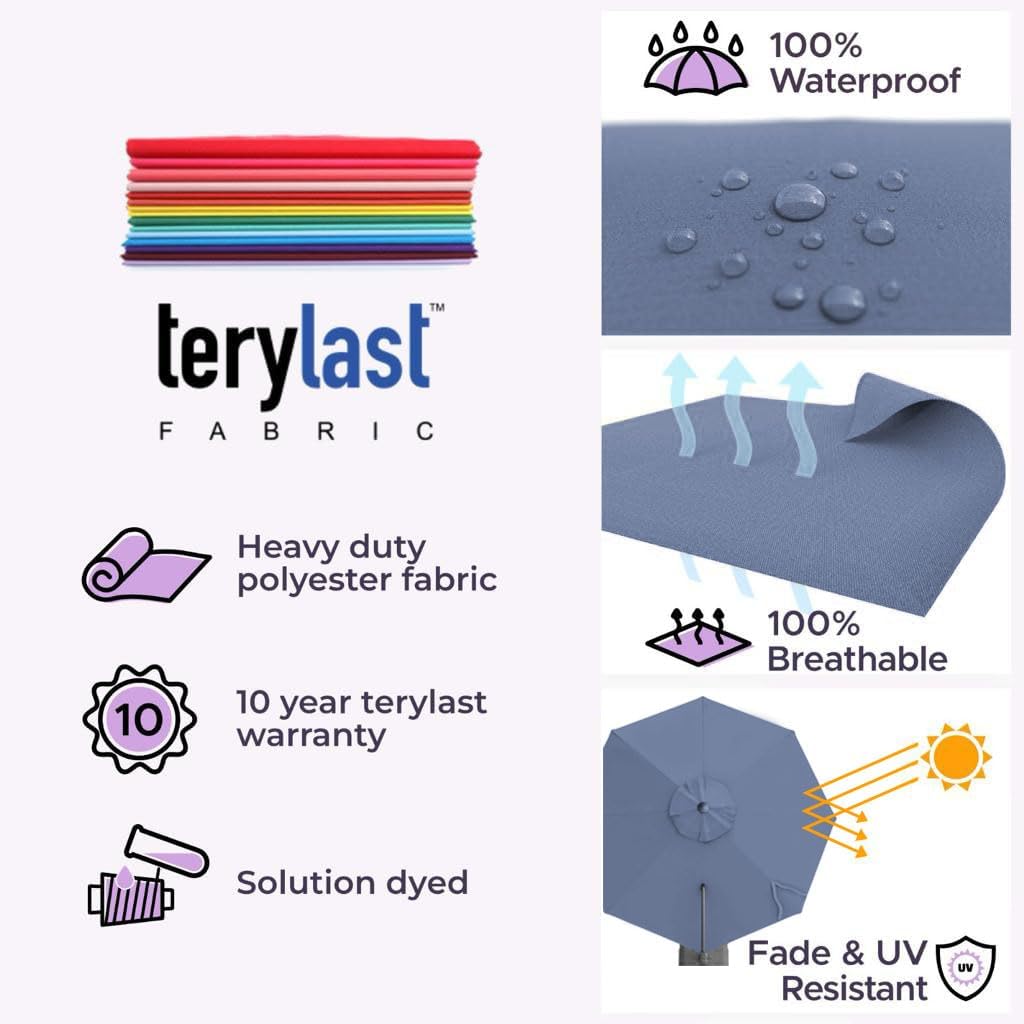 Midtown Umbrellas 10 Ft Outdoor Cantilever Patio Umbrella w/Terylast Light Navy Fabric - Rotate Tilt 360° Offset Patio Umbrella, Deck Patio Umbrella, Backyard Umbrella & Garden Umbrella - Silver Frame