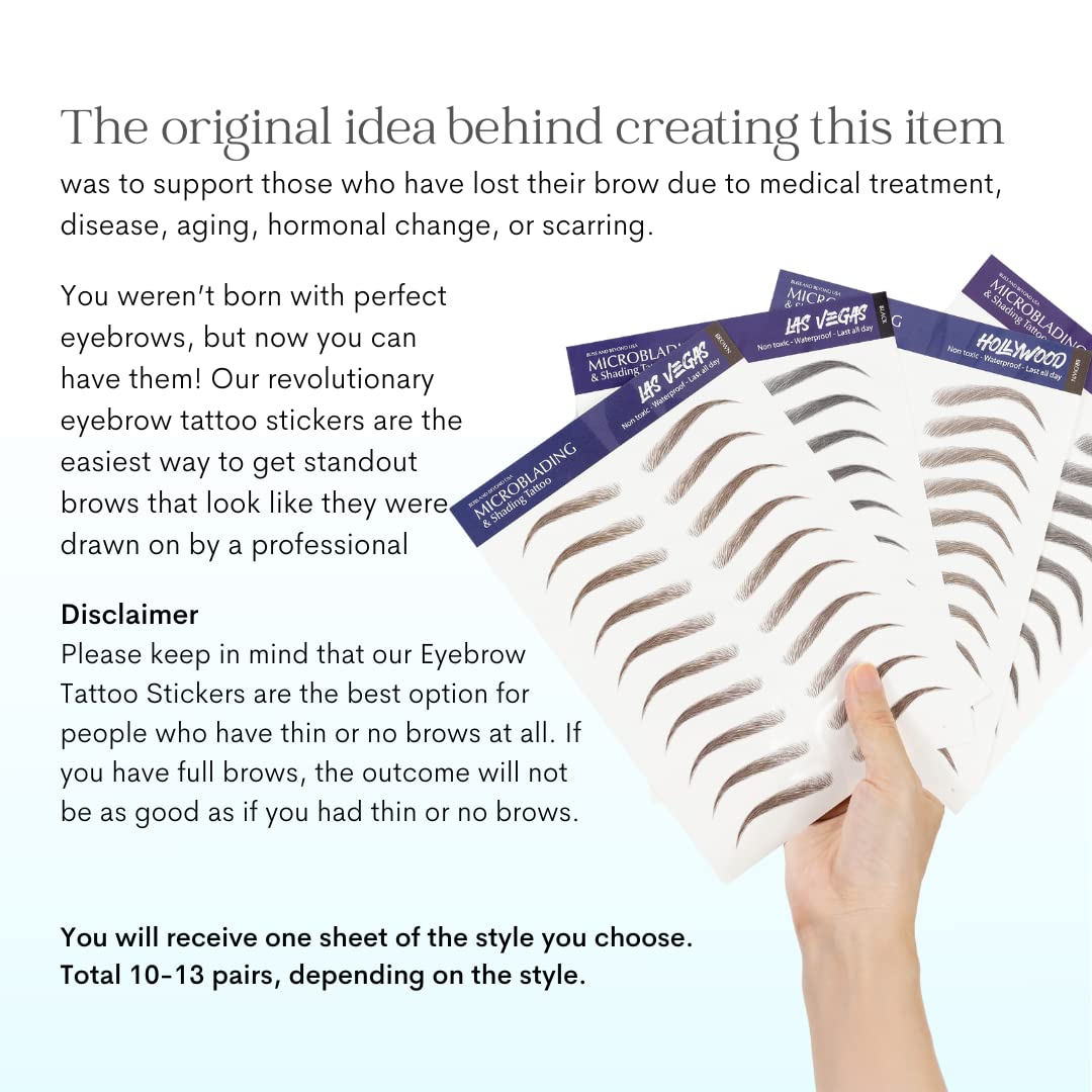 Bliss and Beyond USA, 2 sheets eyebrow tattoo waterproof sticker, Long Lasting, Natural Looking Fake Eyebrow for Alopecia, Chemo, Cancer gift. Same Size eyebrow tattoos (Natural Las Vegas, Dark Brown)